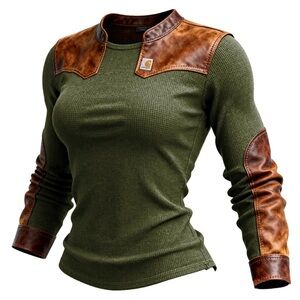Green and Brown Thermal Long Sleeve with Leather Accents
